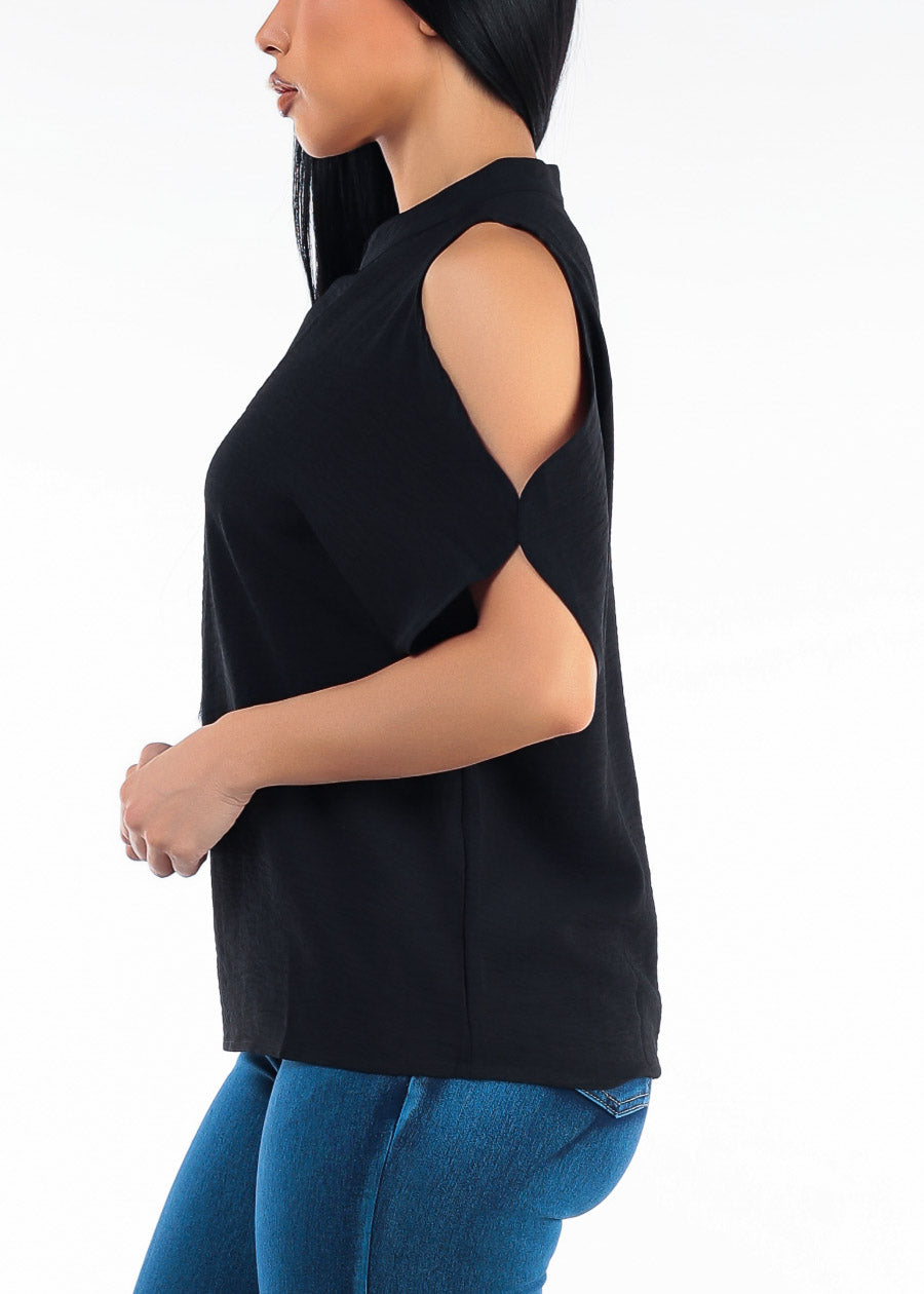 Cold Shoulder Vneck Lightweight Tunic Blouse Black