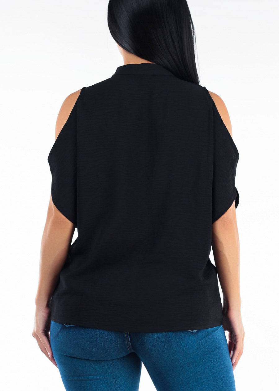 Cold Shoulder Vneck Lightweight Tunic Blouse Black
