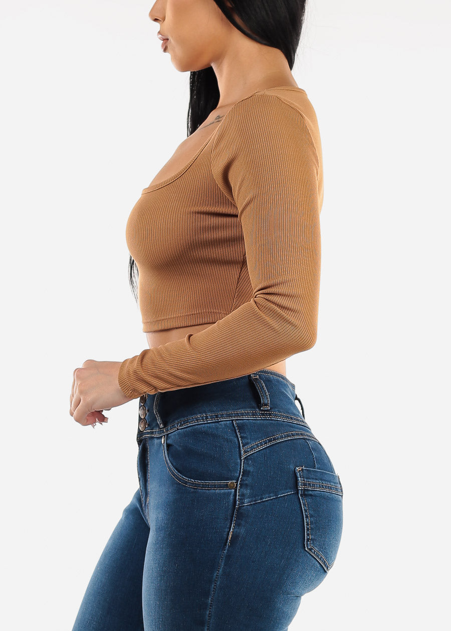 Wide Square Neck Long Sleeve Crop Top Tan