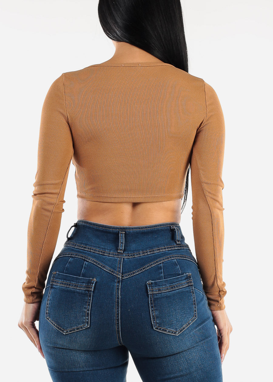 Wide Square Neck Long Sleeve Crop Top Tan