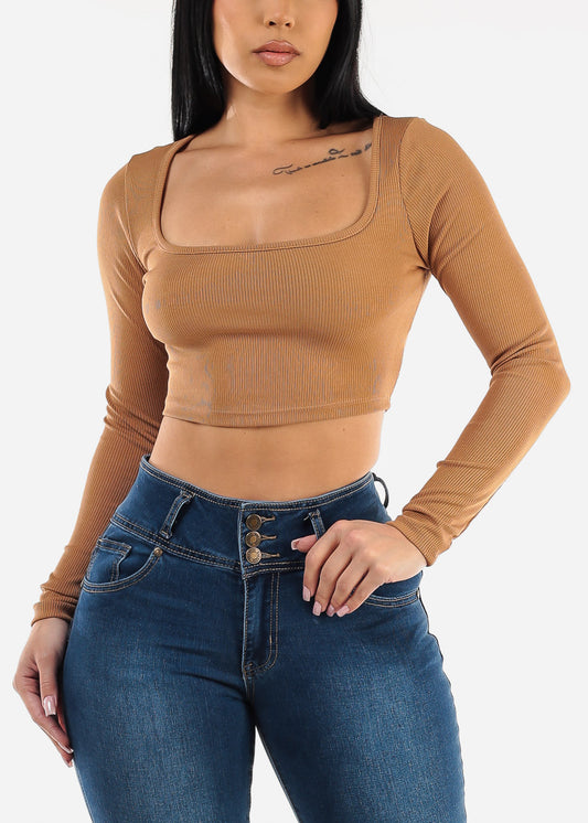 Wide Square Neck Long Sleeve Crop Top Tan