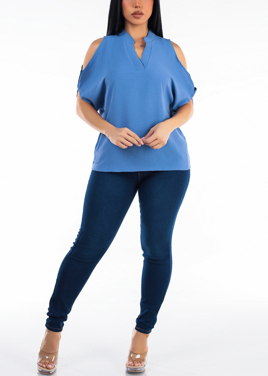 Cold Shoulder Vneck Lightweight Tunic Blouse Blue