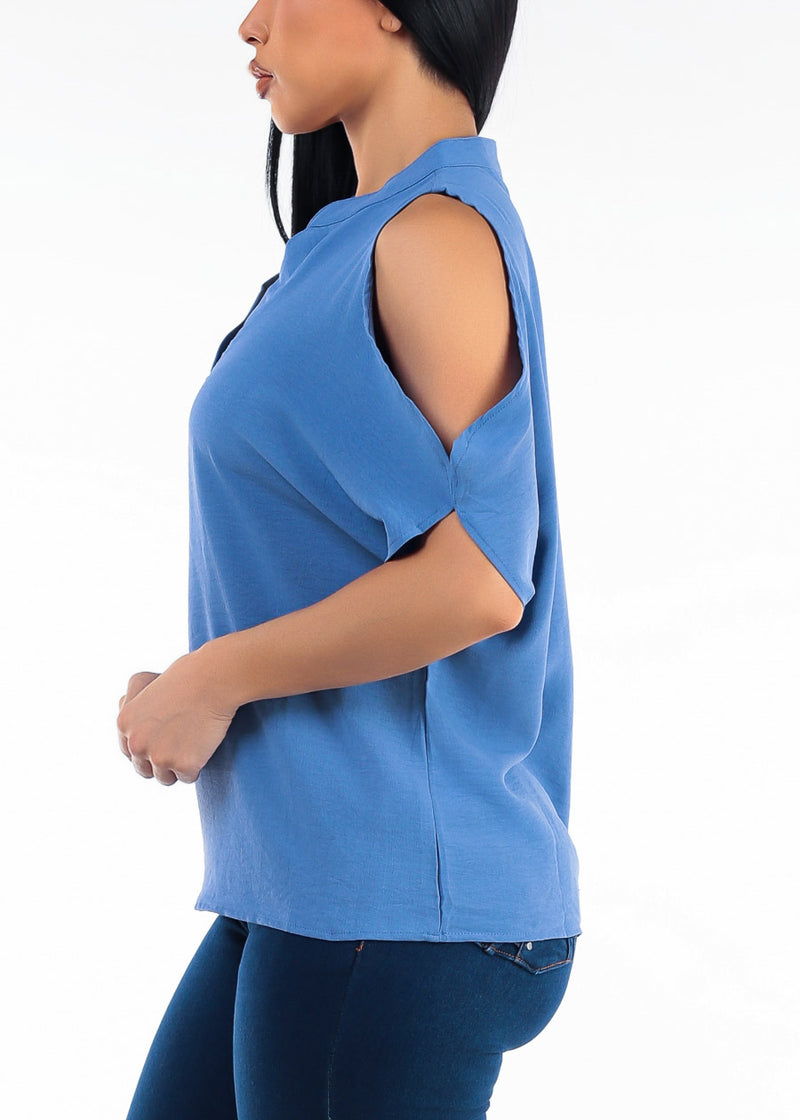 Cold Shoulder Vneck Lightweight Tunic Blouse Blue
