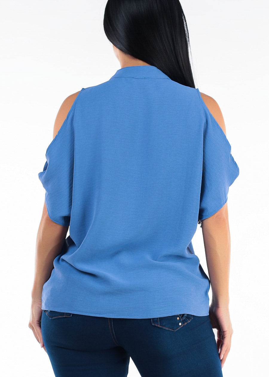 Cold Shoulder Vneck Lightweight Tunic Blouse Blue