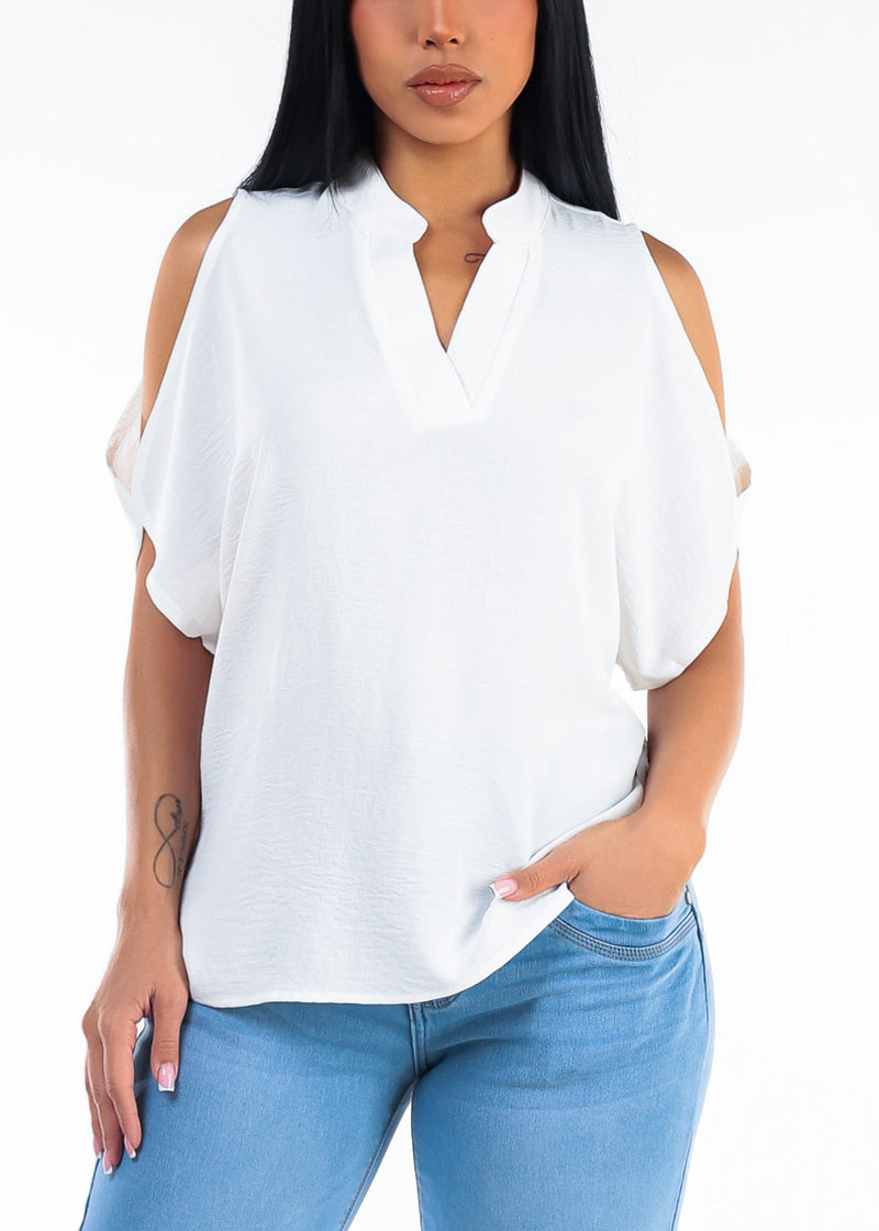 Cold Shoulder Vneck Lightweight Blouse Off White