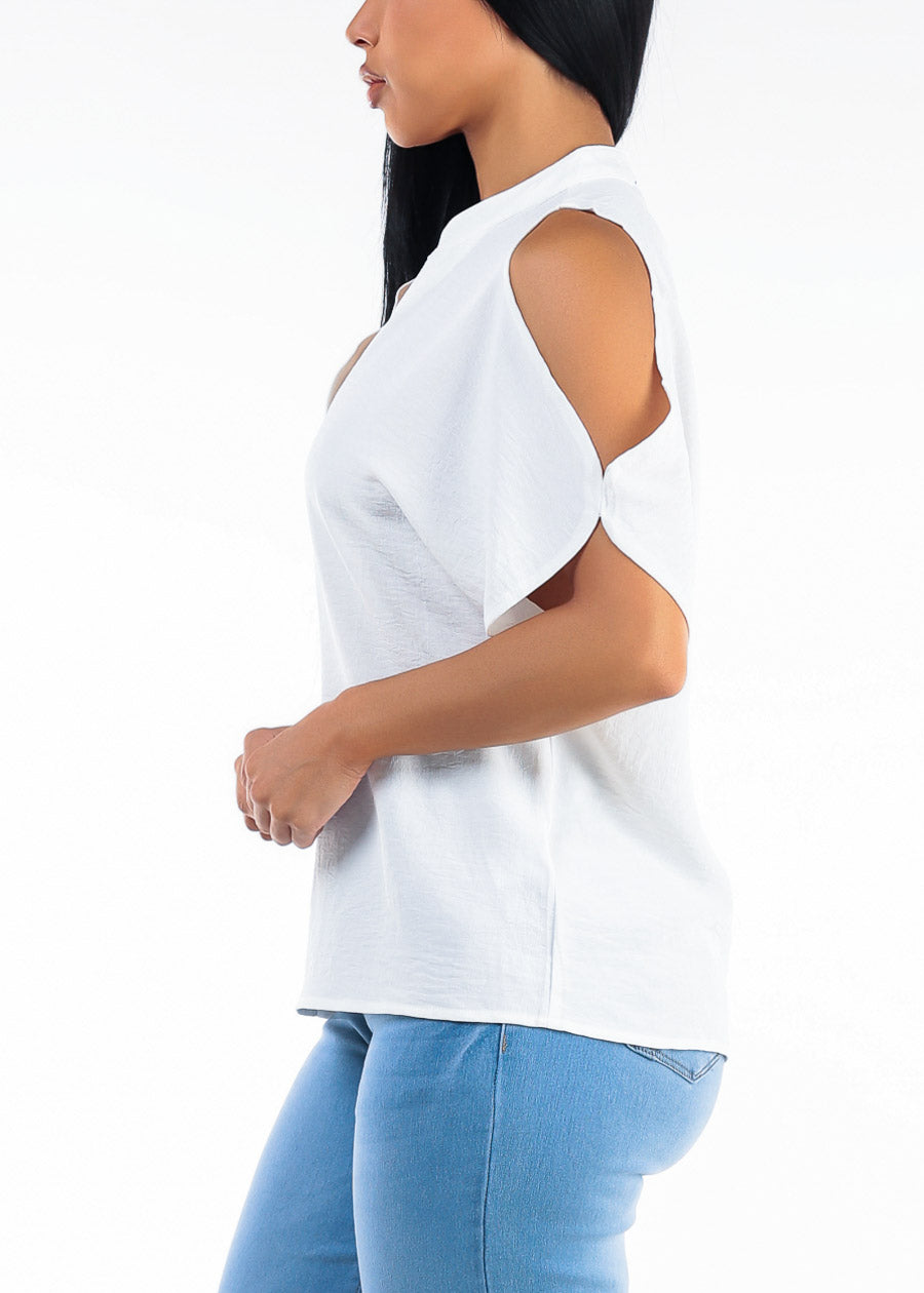 Cold Shoulder Vneck Lightweight Blouse Off White