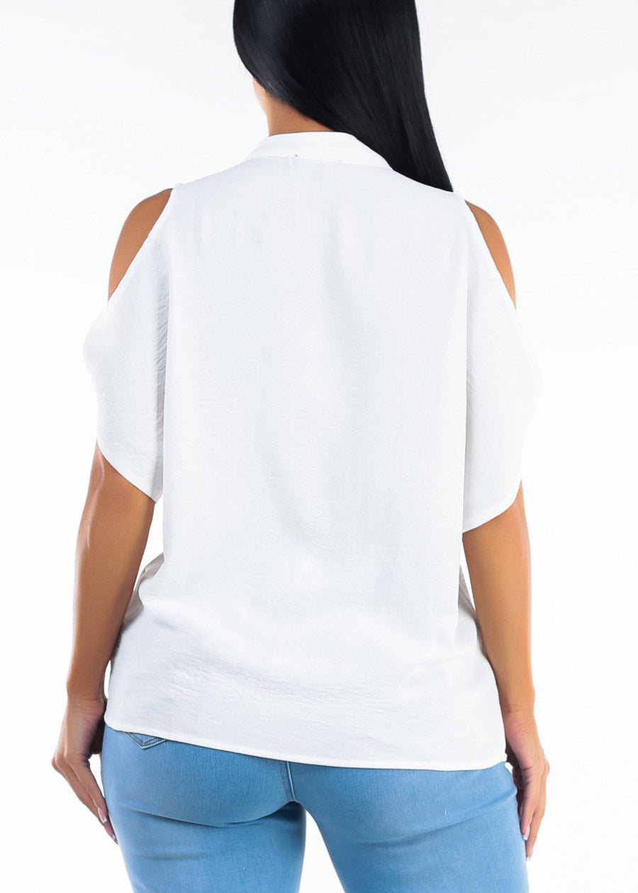 Cold Shoulder Vneck Lightweight Blouse Off White