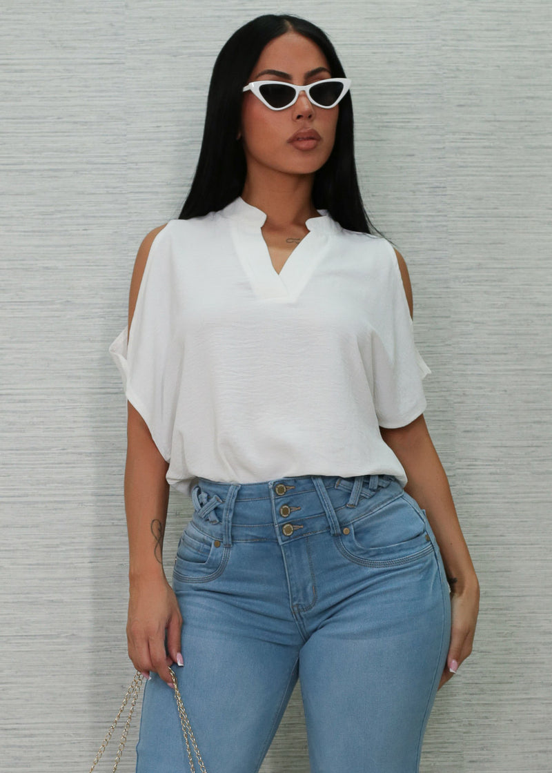 Cold Shoulder Vneck Lightweight Blouse Off White