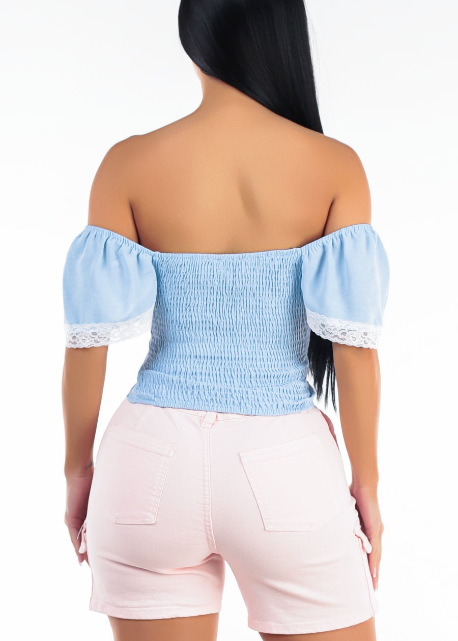Off Shoulder Stretch Corset Style Blouse Light Blue w Lace Trim
