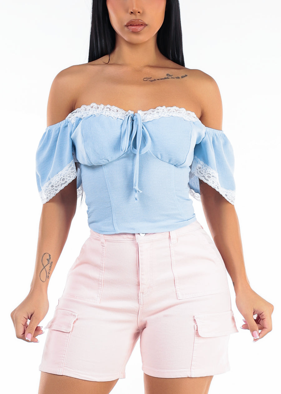 Off Shoulder Stretch Corset Style Blouse Light Blue w Lace Trim
