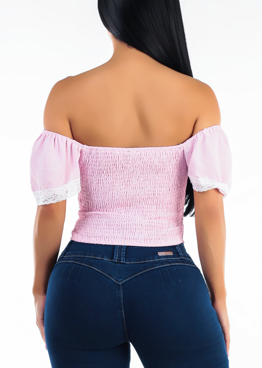 Off Shoulder Stretch Corset Style Blouse Light Pink w Lace Trim