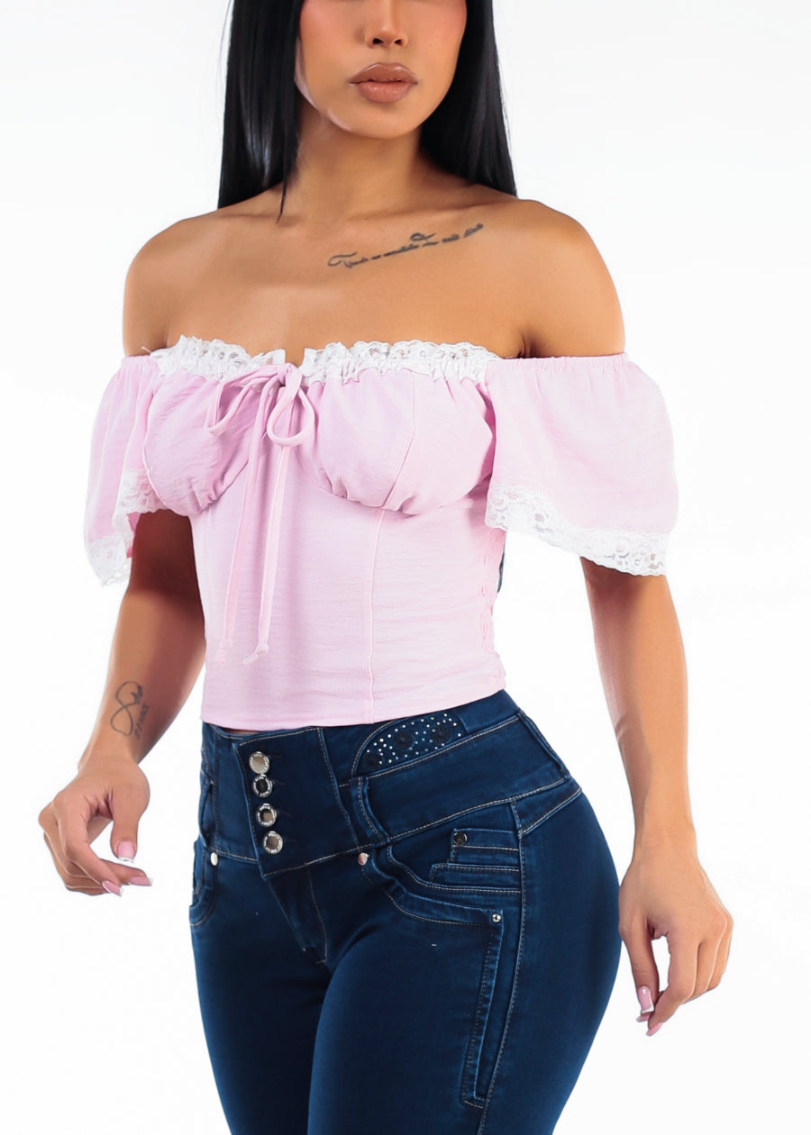 Off Shoulder Stretch Corset Style Blouse Light Pink w Lace Trim