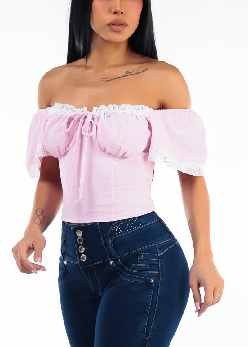 Off Shoulder Stretch Corset Style Blouse Light Pink w Lace Trim