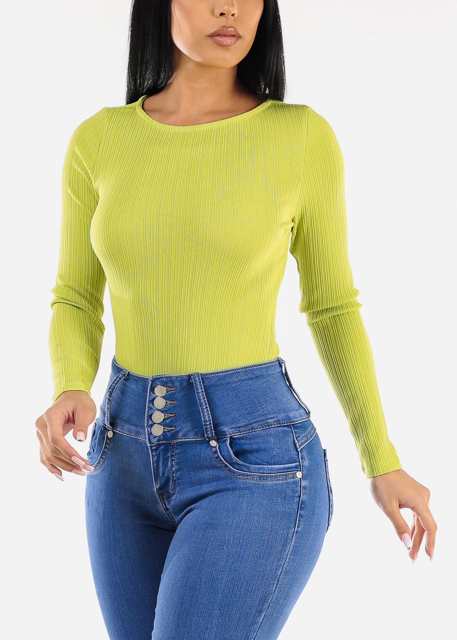 Round Neck Long Sleeve Thong Bodysuit Lime