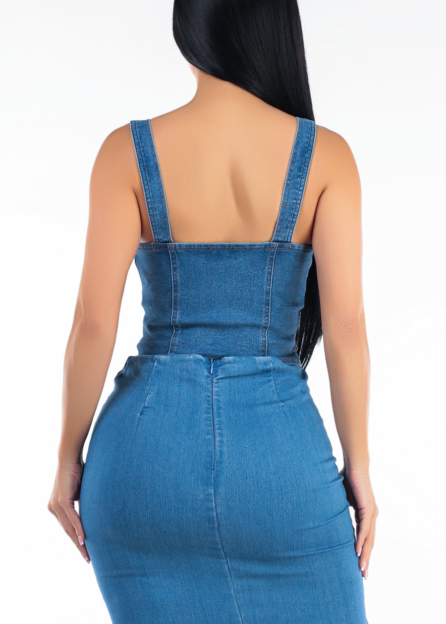 Sleeveless Button Up V-Neck Stretch Denim Vest Med Blue