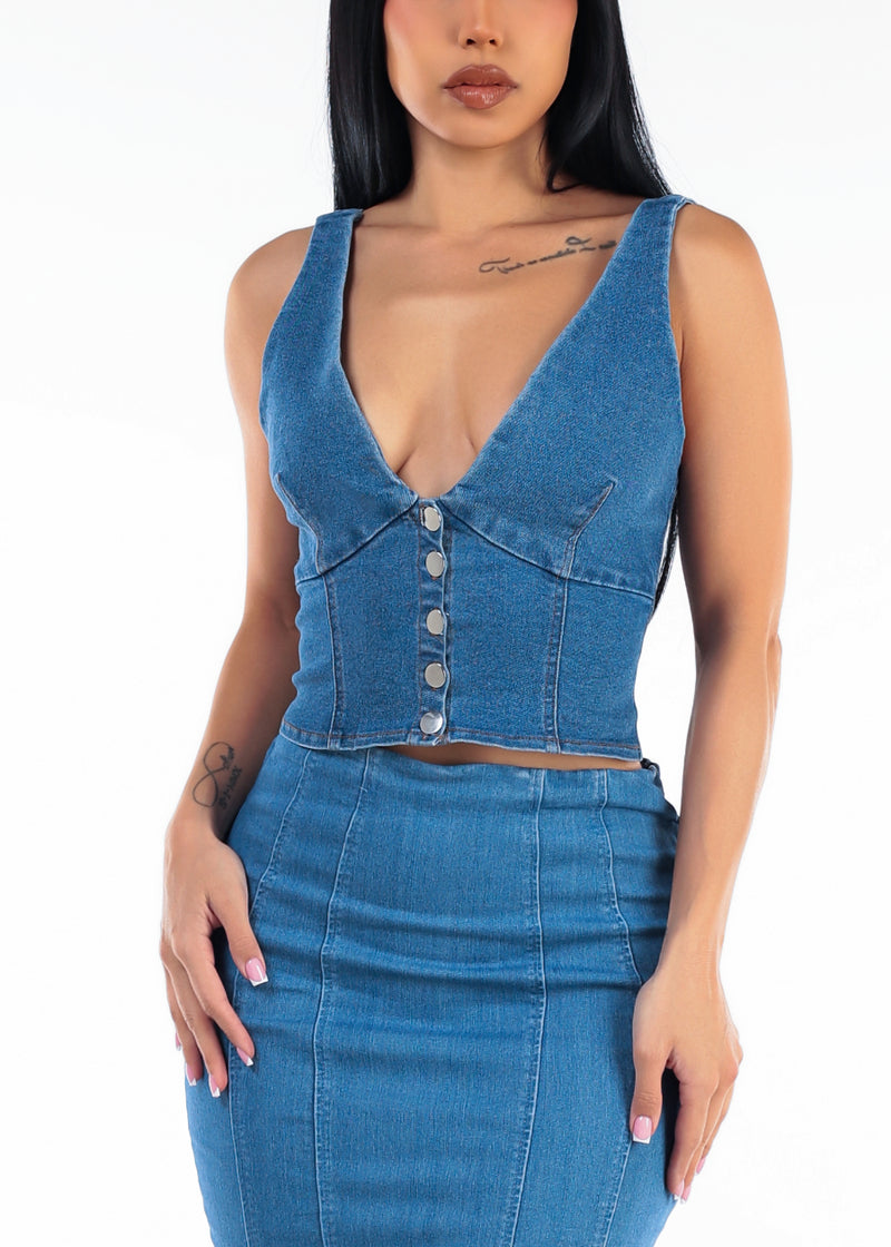 Sleeveless Button Up V-Neck Stretch Denim Vest Med Blue