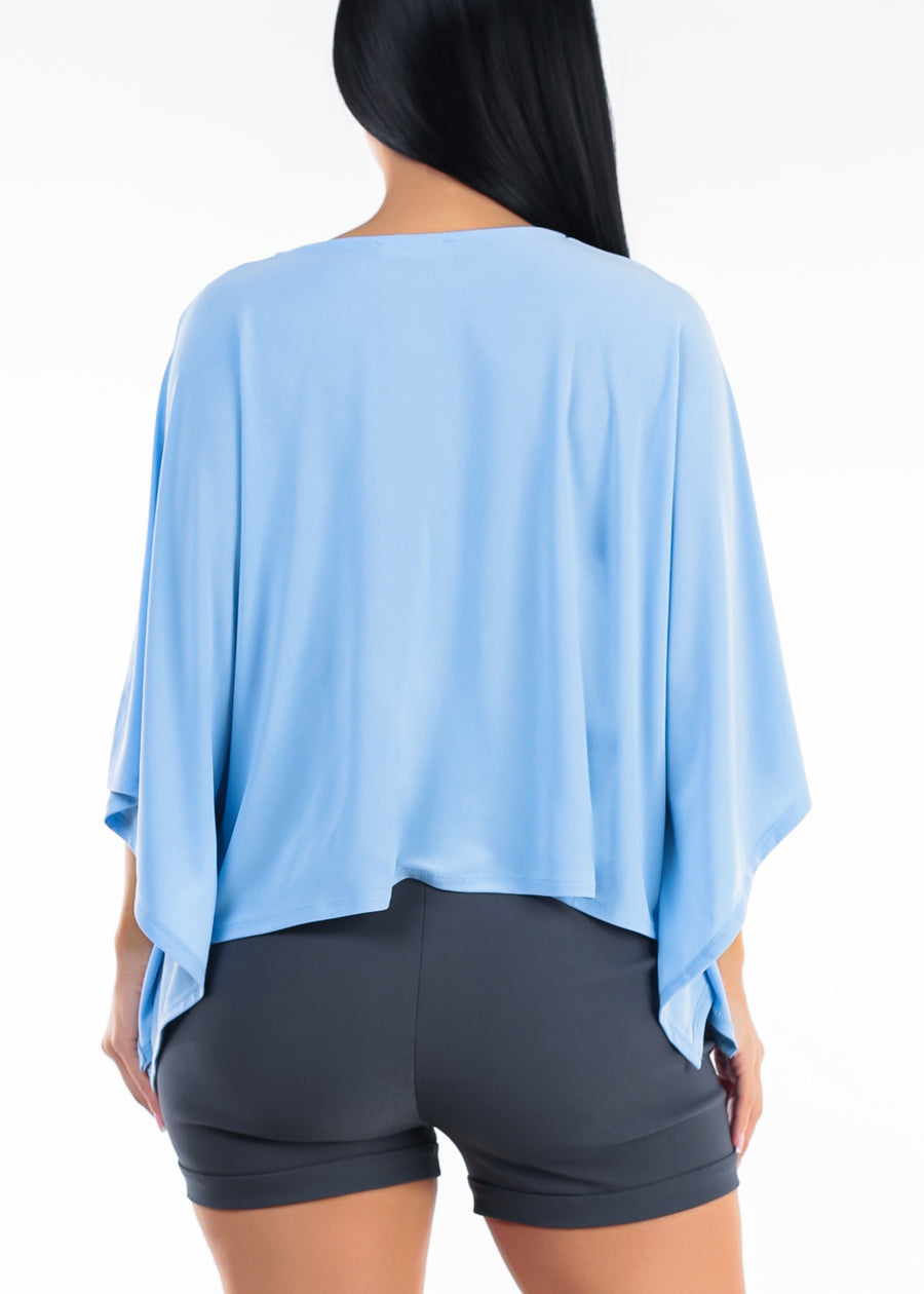 Vneck Poncho-Style Stretch Blouse Light Blue