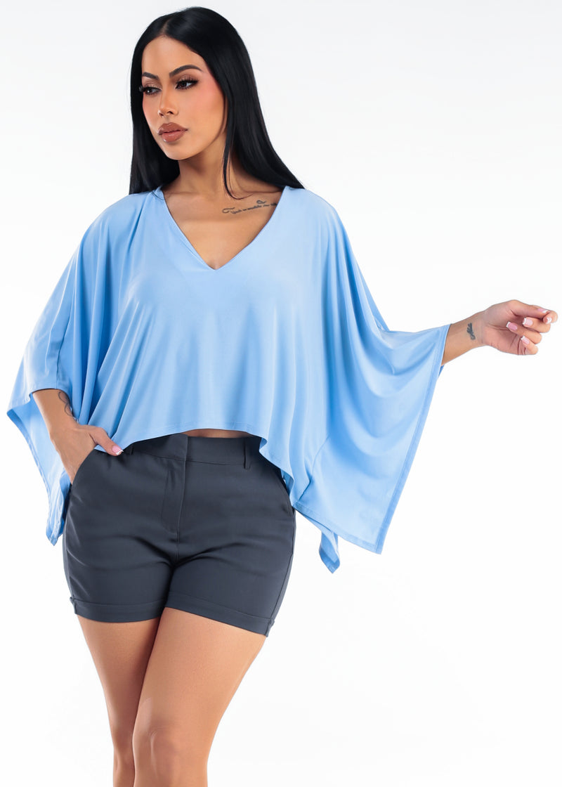 Vneck Poncho-Style Stretch Blouse Light Blue