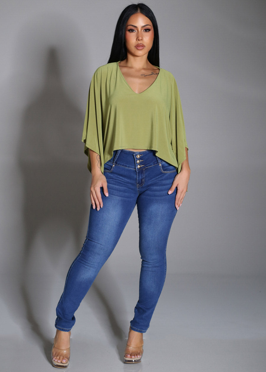 Vneck Poncho-Style Stretch Blouse Olive