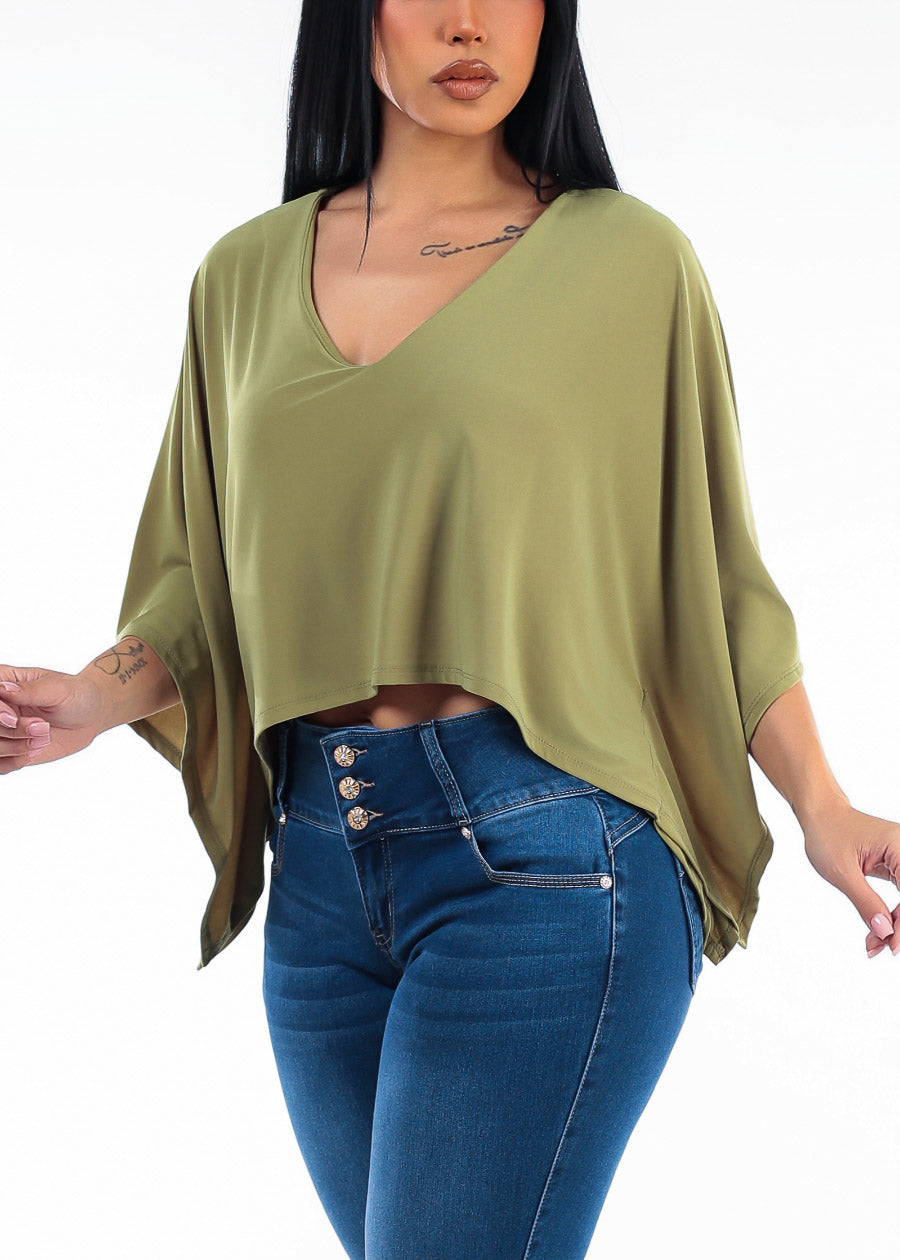 Vneck Poncho-Style Stretch Blouse Olive