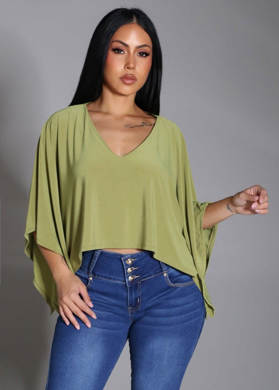 Vneck Poncho-Style Stretch Blouse Olive