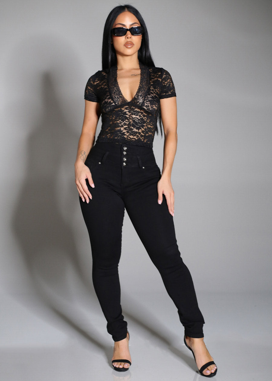 Deep Vneck Short Sleeve Floral Lace Blouse Black