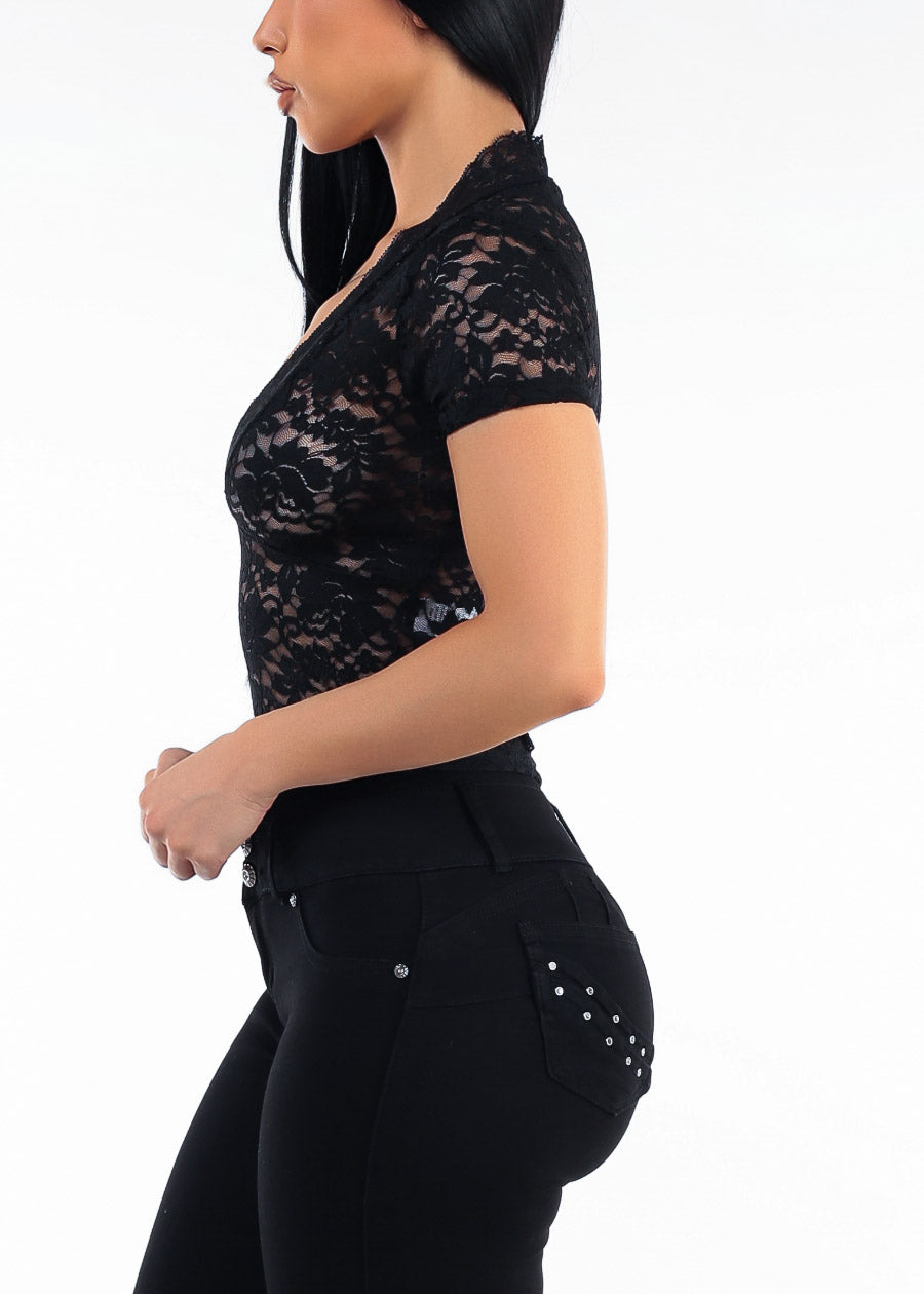 Deep Vneck Short Sleeve Floral Lace Blouse Black