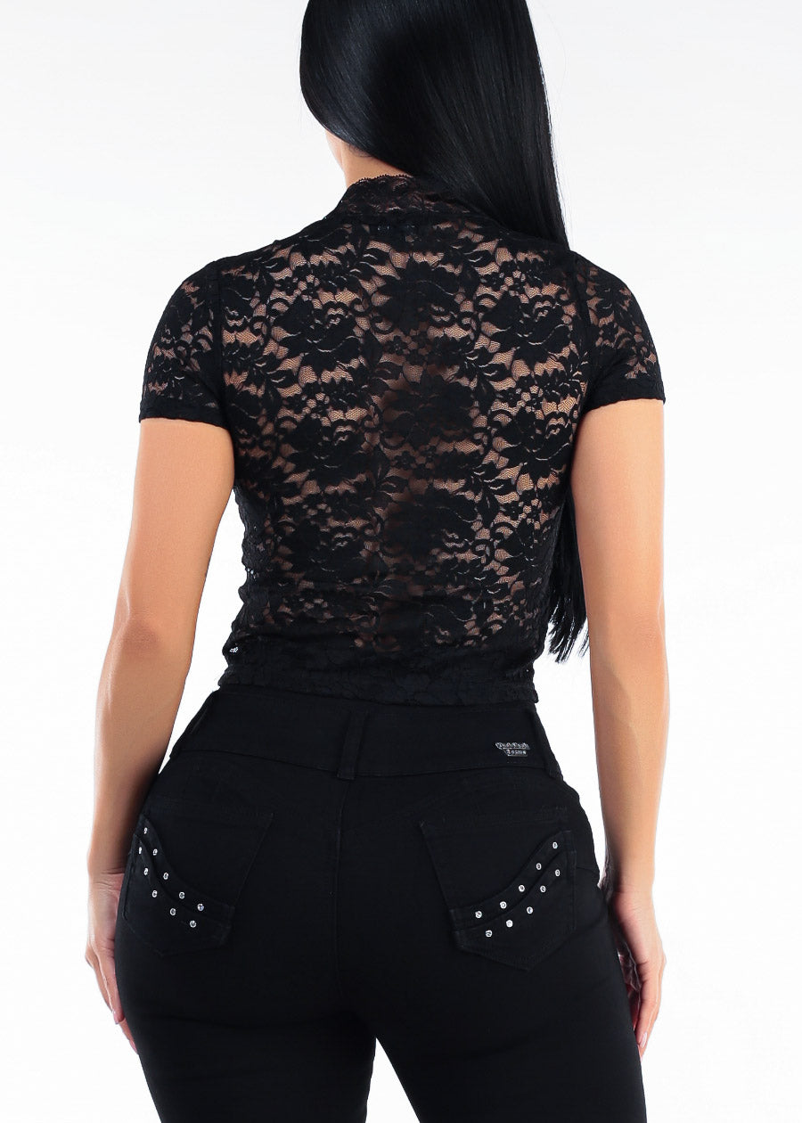 Deep Vneck Short Sleeve Floral Lace Blouse Black