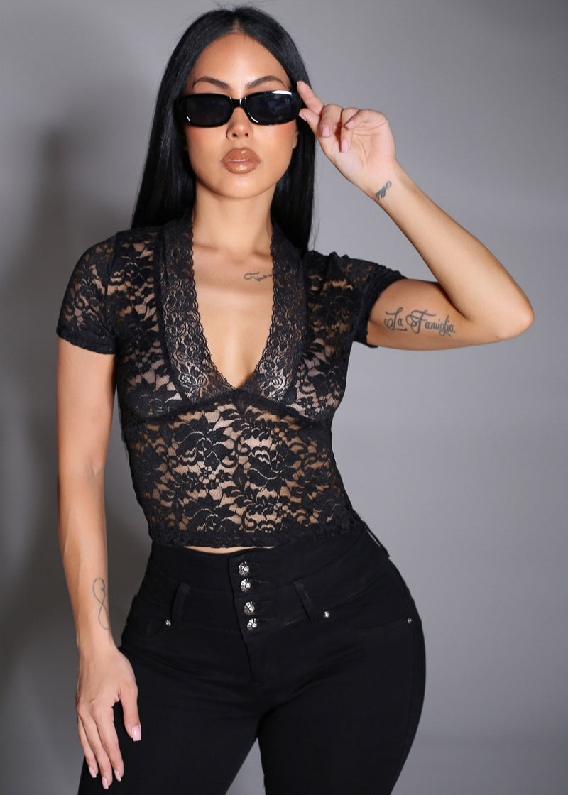 Deep Vneck Short Sleeve Floral Lace Blouse Black