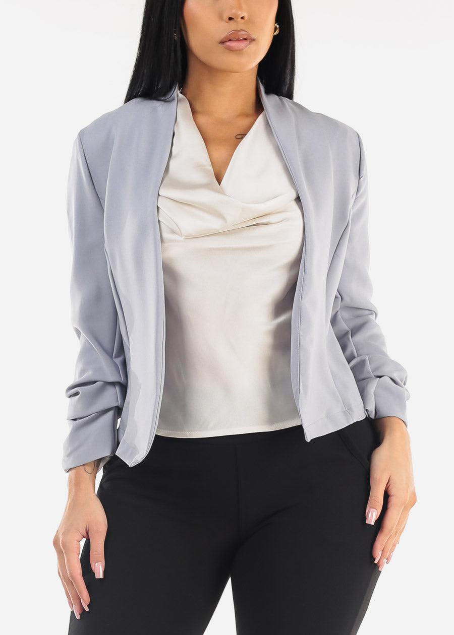 Quarter Sleeve Open Front Blazer Light Blue