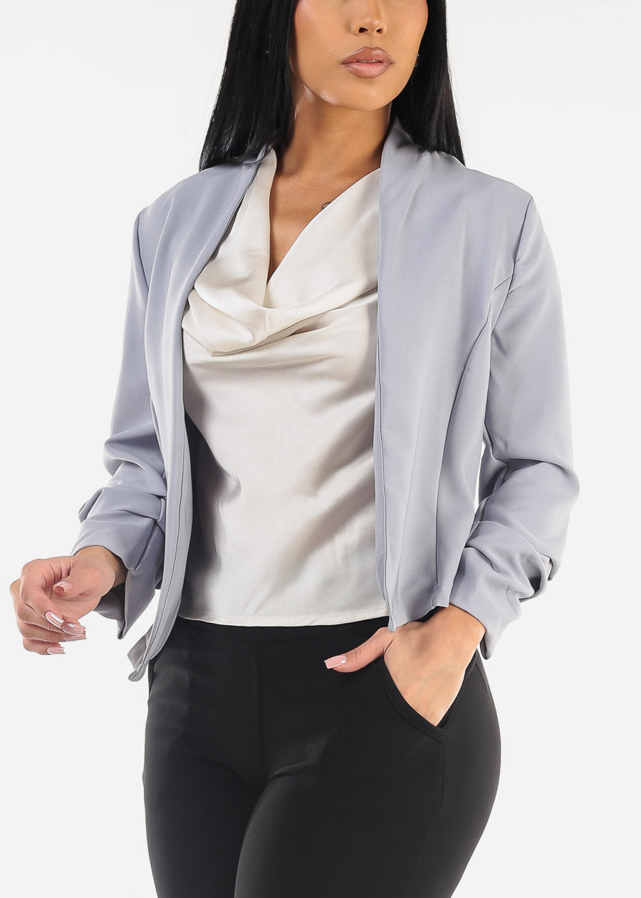 Quarter Sleeve Open Front Blazer Light Blue