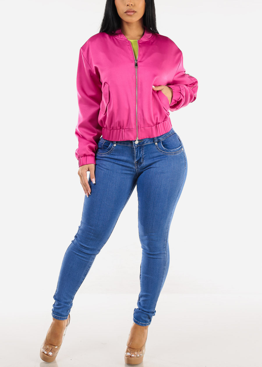 Long Sleeve Zip Up Satin Bomber Jacket Magenta