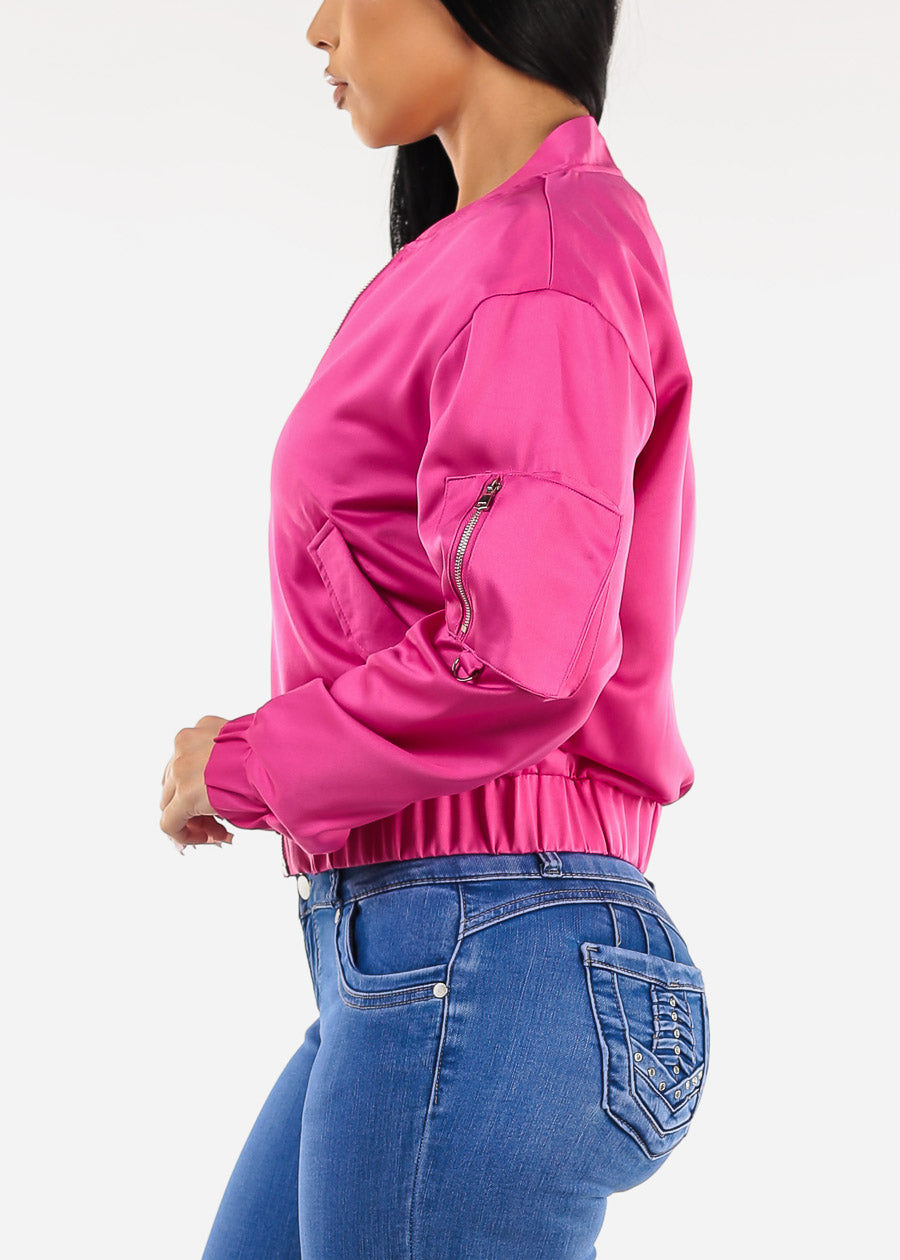 Long Sleeve Zip Up Satin Bomber Jacket Magenta