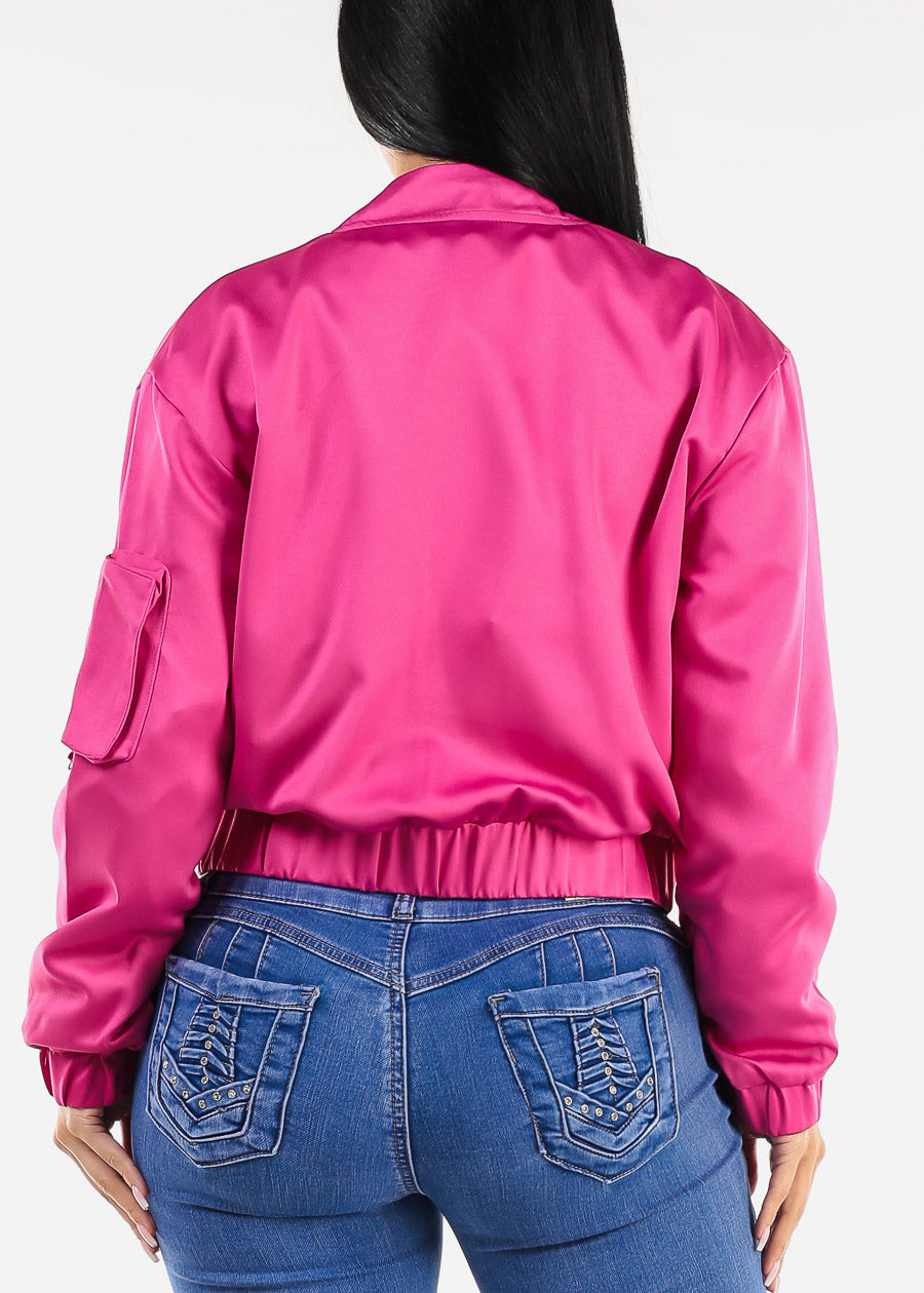 Long Sleeve Zip Up Satin Bomber Jacket Magenta