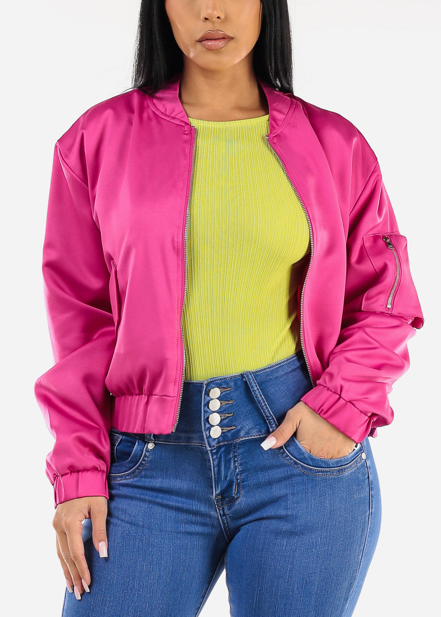 Long Sleeve Zip Up Satin Bomber Jacket Magenta