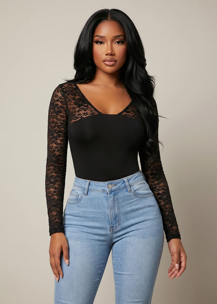 Lace Long Sleeve Vneck Stretch Crop Top Black, view 1 of 2