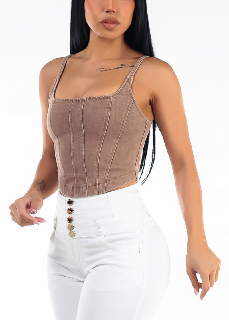 Sleeveless Square Neck Stretch Denim Crop Top Brown