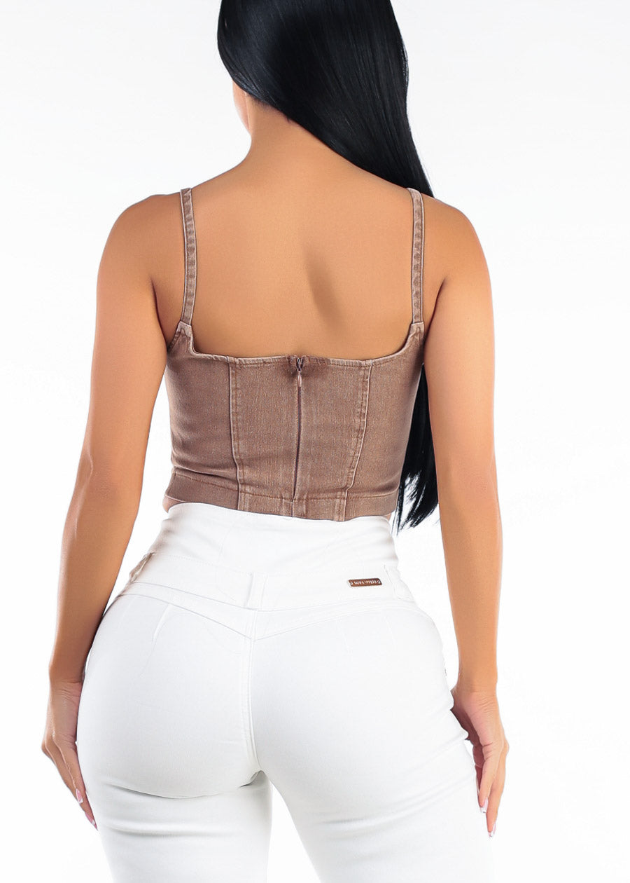 Sleeveless Square Neck Stretch Denim Crop Top Brown