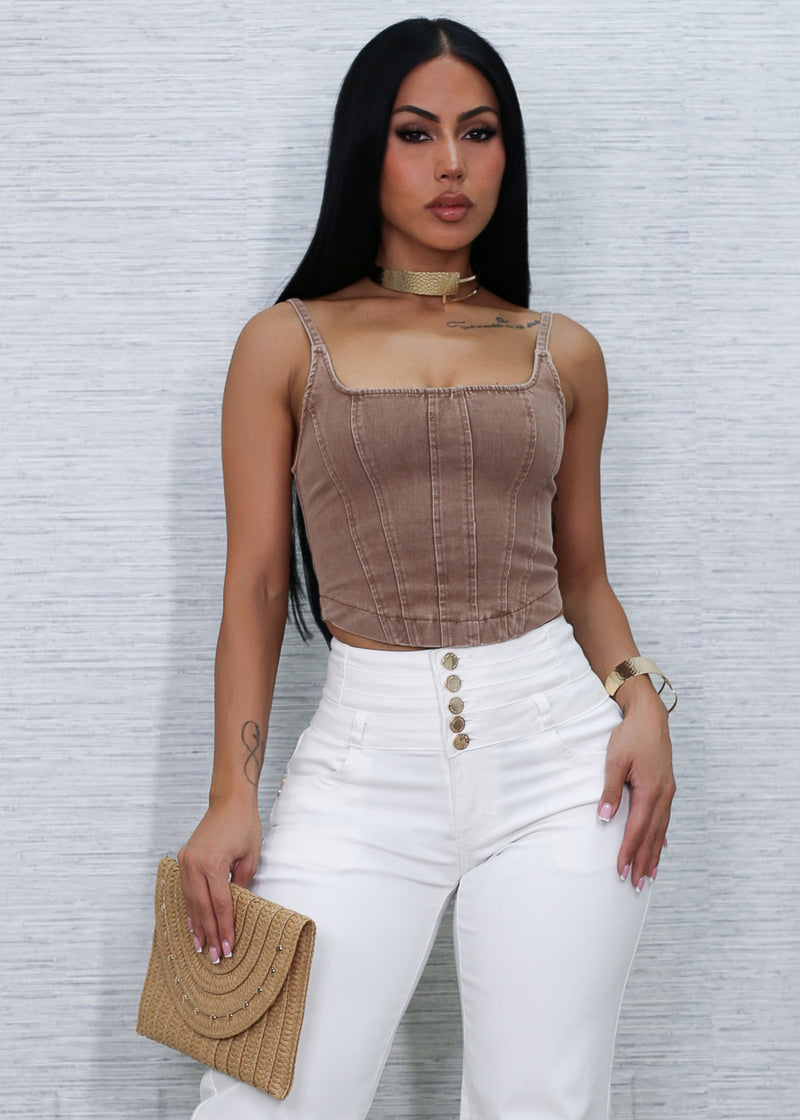 Sleeveless Square Neck Stretch Denim Crop Top Brown