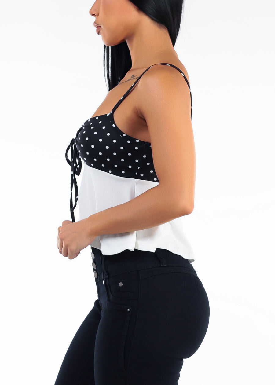 Sleeveless Polka Dot Peplum Top with Tie Front Black & White