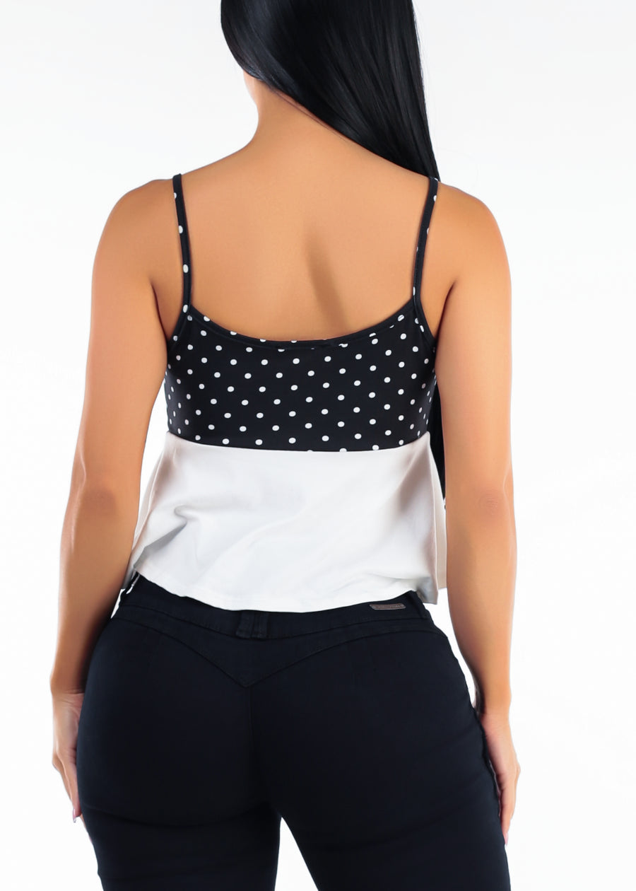 Sleeveless Polka Dot Peplum Top with Tie Front Black & White