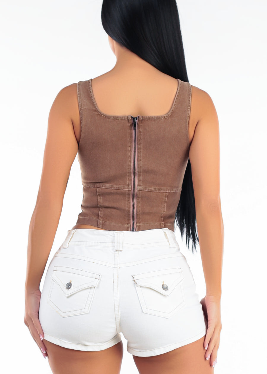 Sleeveless High Neck Fitted Denim Blouse Mocha