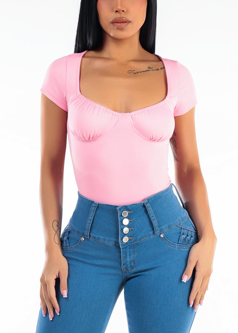 Stretch Short Sleeve Sweetheart Neckline Blouse Pink