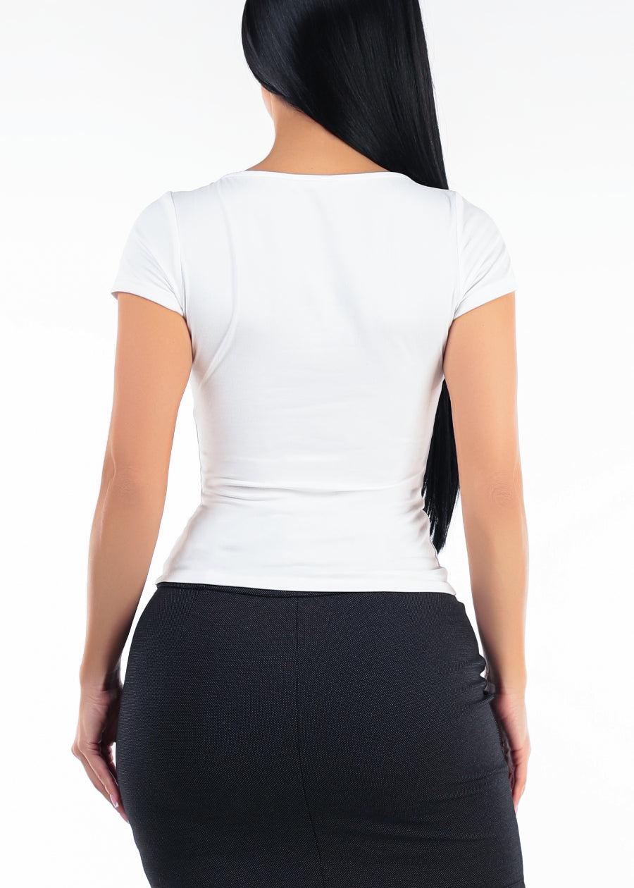 Stretch Short Sleeve Sweetheart Neckline Blouse Off White