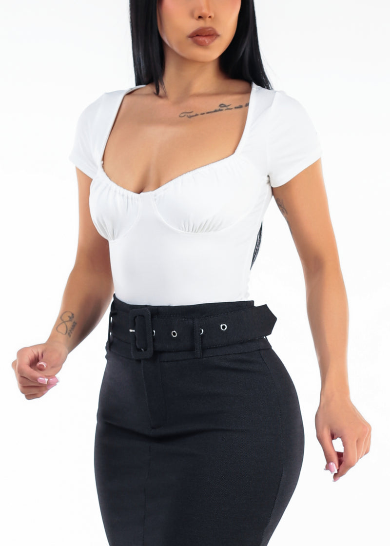 Stretch Short Sleeve Sweetheart Neckline Blouse Off White