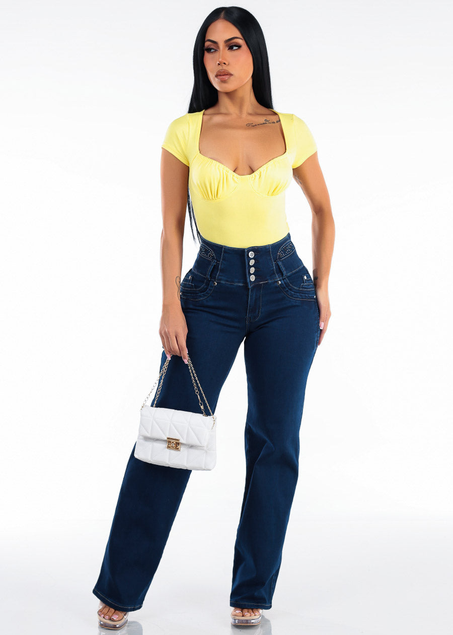 Stretch Short Sleeve Sweetheart Neckline Blouse Yellow