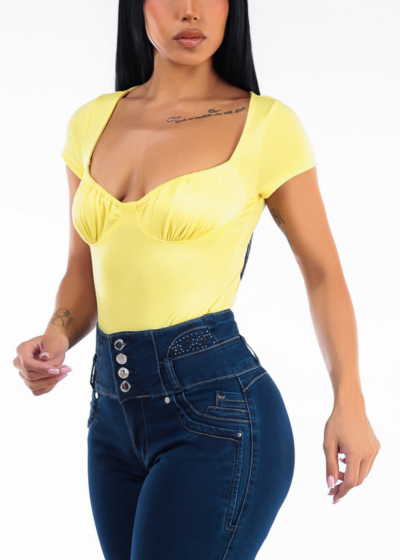 Stretch Short Sleeve Sweetheart Neckline Blouse Yellow