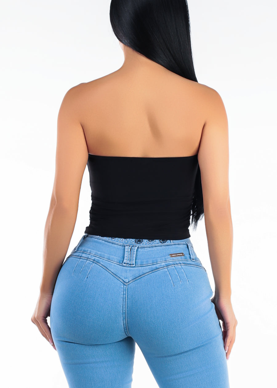 Strapless Plunge Neckline Stretch Crop Top Black