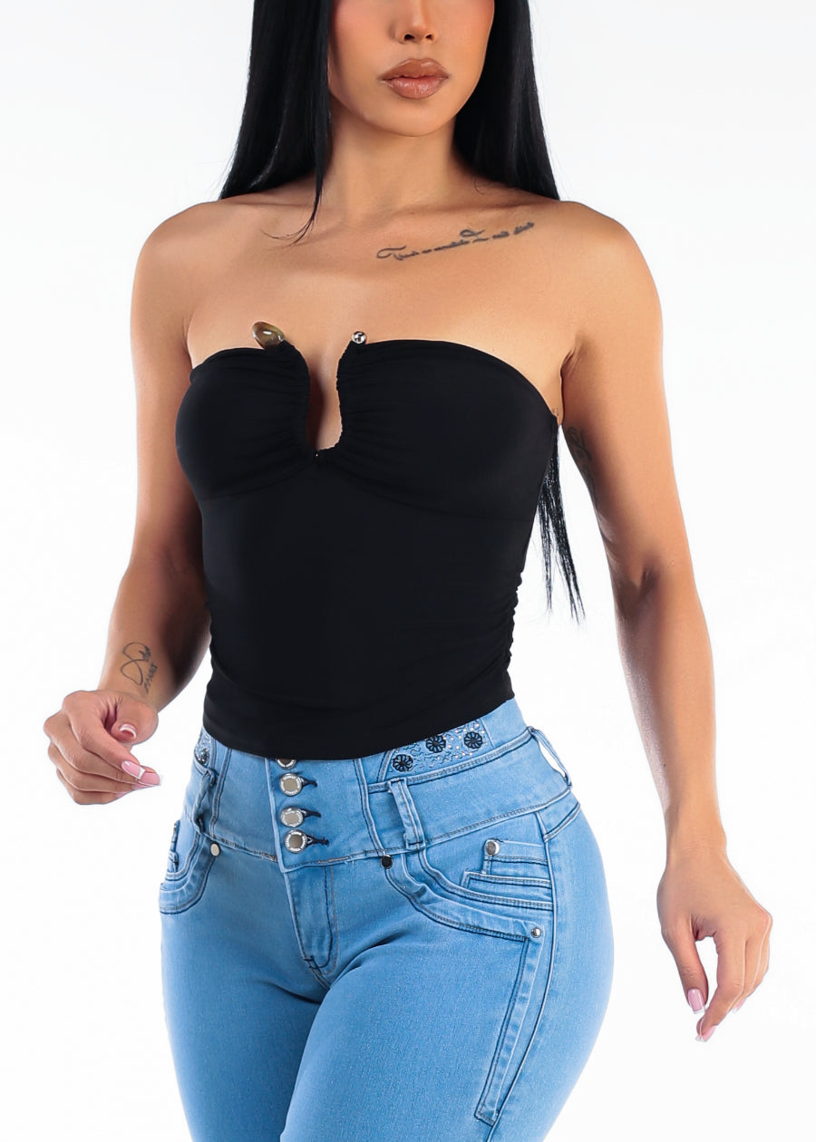 Strapless Plunge Neckline Stretch Crop Top Black