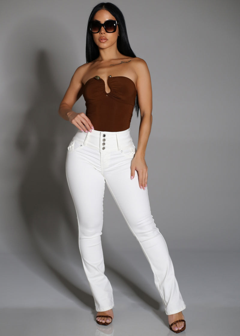 Strapless Plunge Neckline Stretch Crop Top Brown